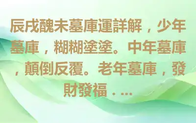 辰戌醜未墓庫運詳解，少年墓庫，糊糊塗塗。中年墓庫，顛倒反覆。老年墓庫，發財發福 . ...